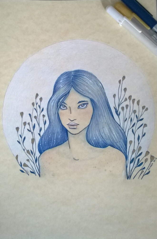 drawing of a fairy with blue hair and golden eyes