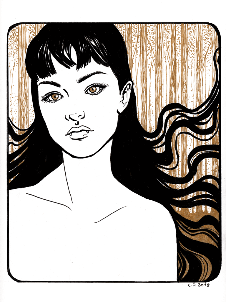 black and gold ink portrait of a woman with floating hair and vampire fangs