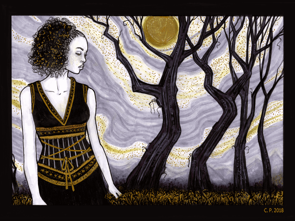 A gold and ink drawing of a woman in a field of flowers, with trees and the moon in the background.